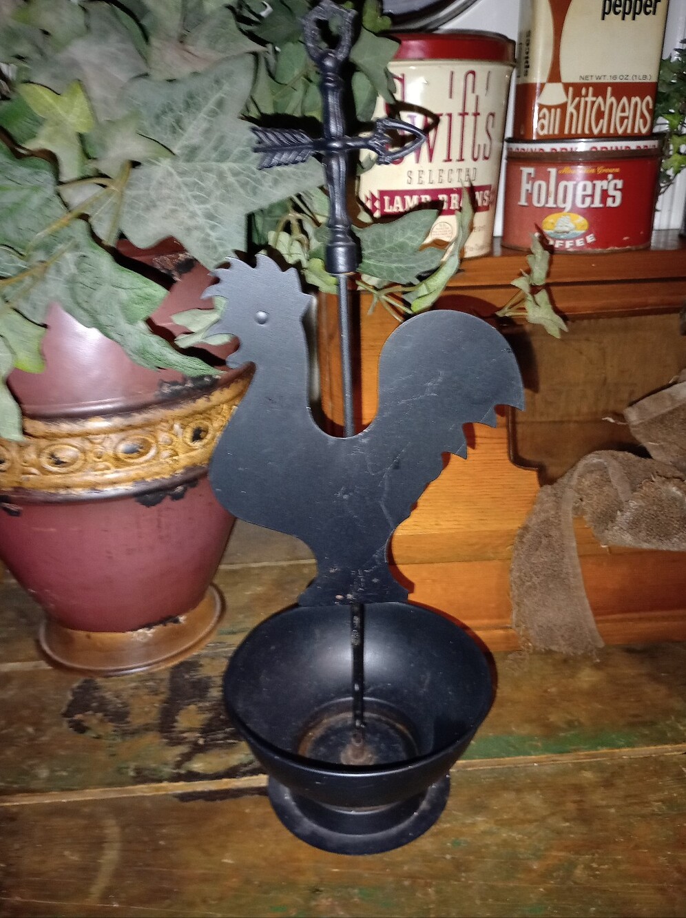 Vintage Black Metal Rooster With Bowl At The Bottom